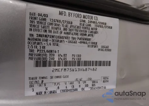 2003 Mercury Grand Marquis Ls from USA, damaged, VIN 2MEFM75W13X687482